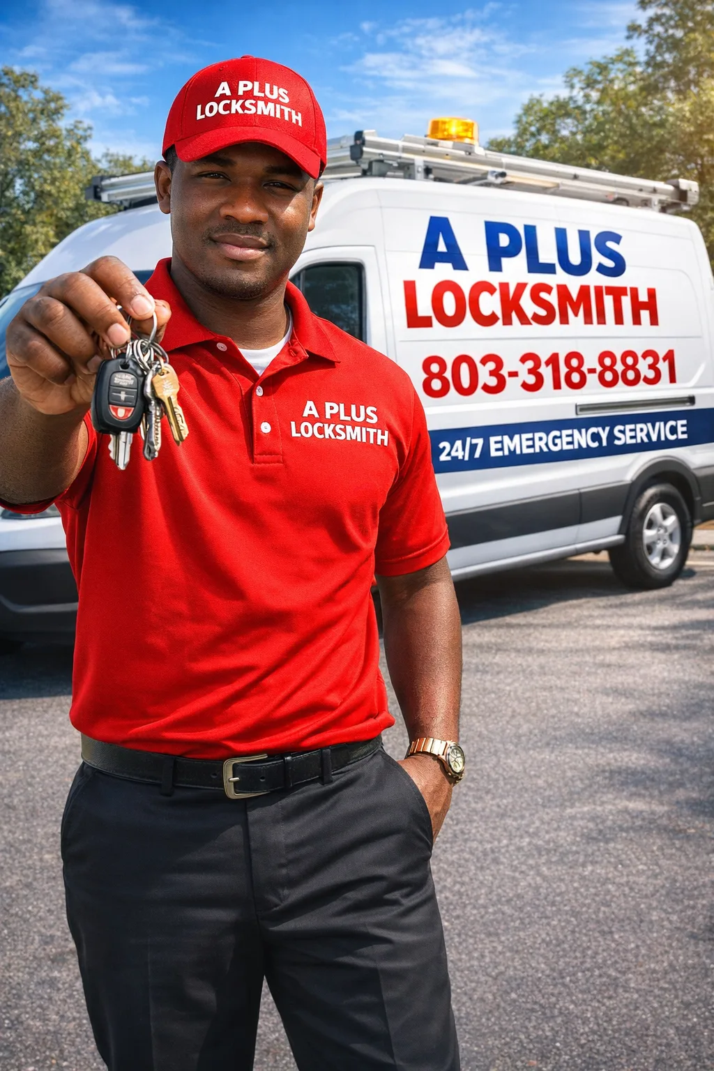 A Plus Locksmith technician with the company service van