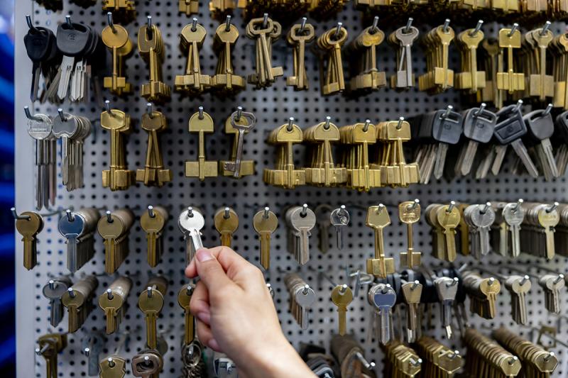 Wall of car key blanks at A Plus Locksmith